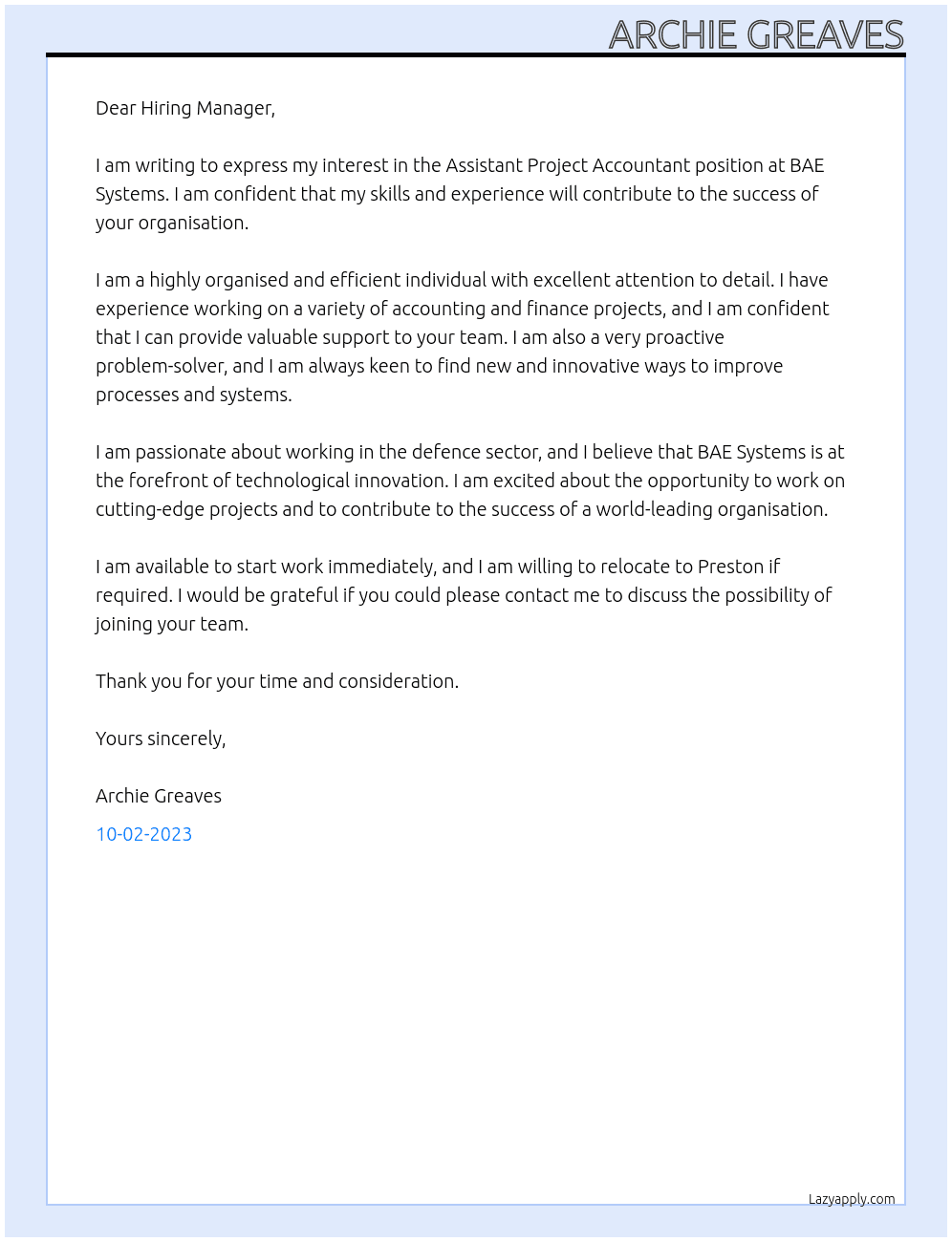 Assistant project accountant At BAE Systems Cover Letter