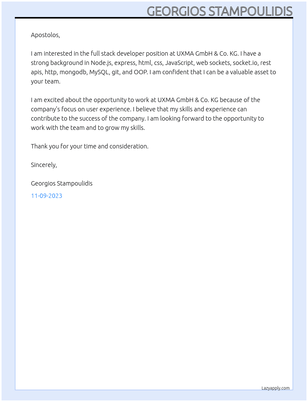 Full stack developer  At UXMA GmbH & Co. KG Cover Letter