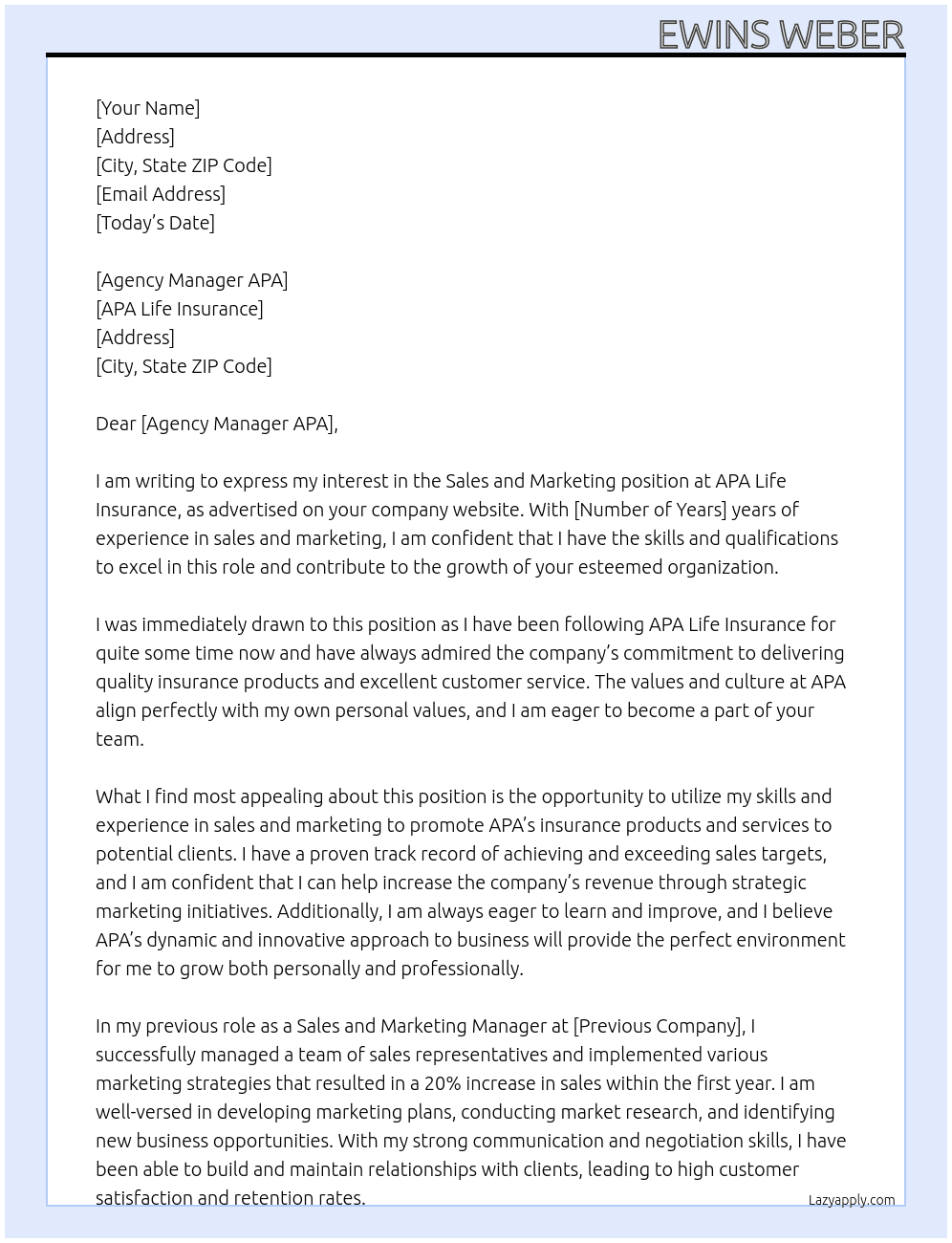 Sales and Marketing At APA Life Insurance Cover Letter