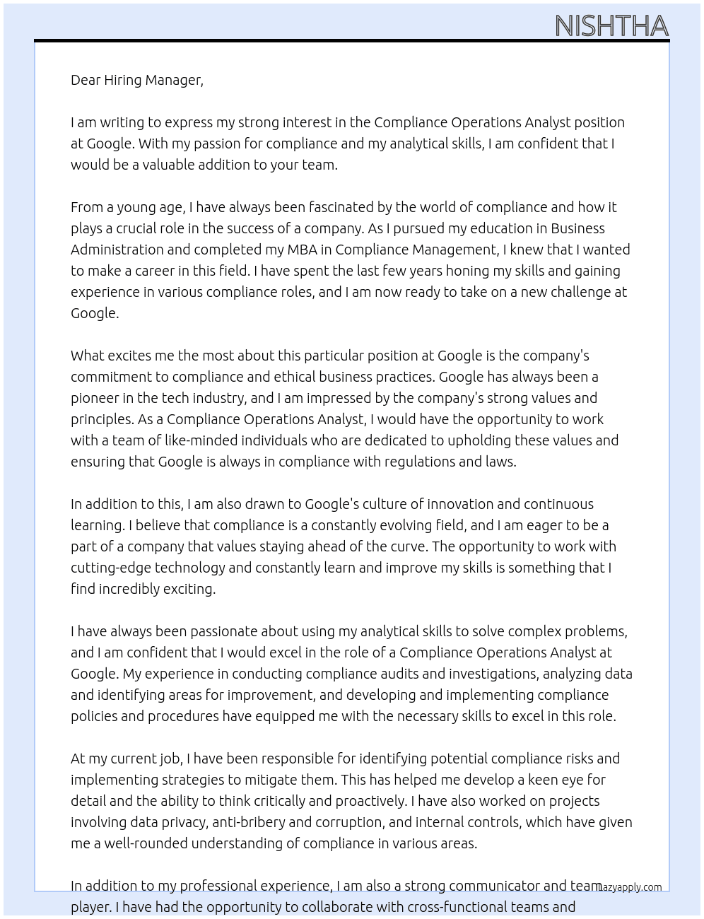Cover letter for compliance operations analyst - LazyApply