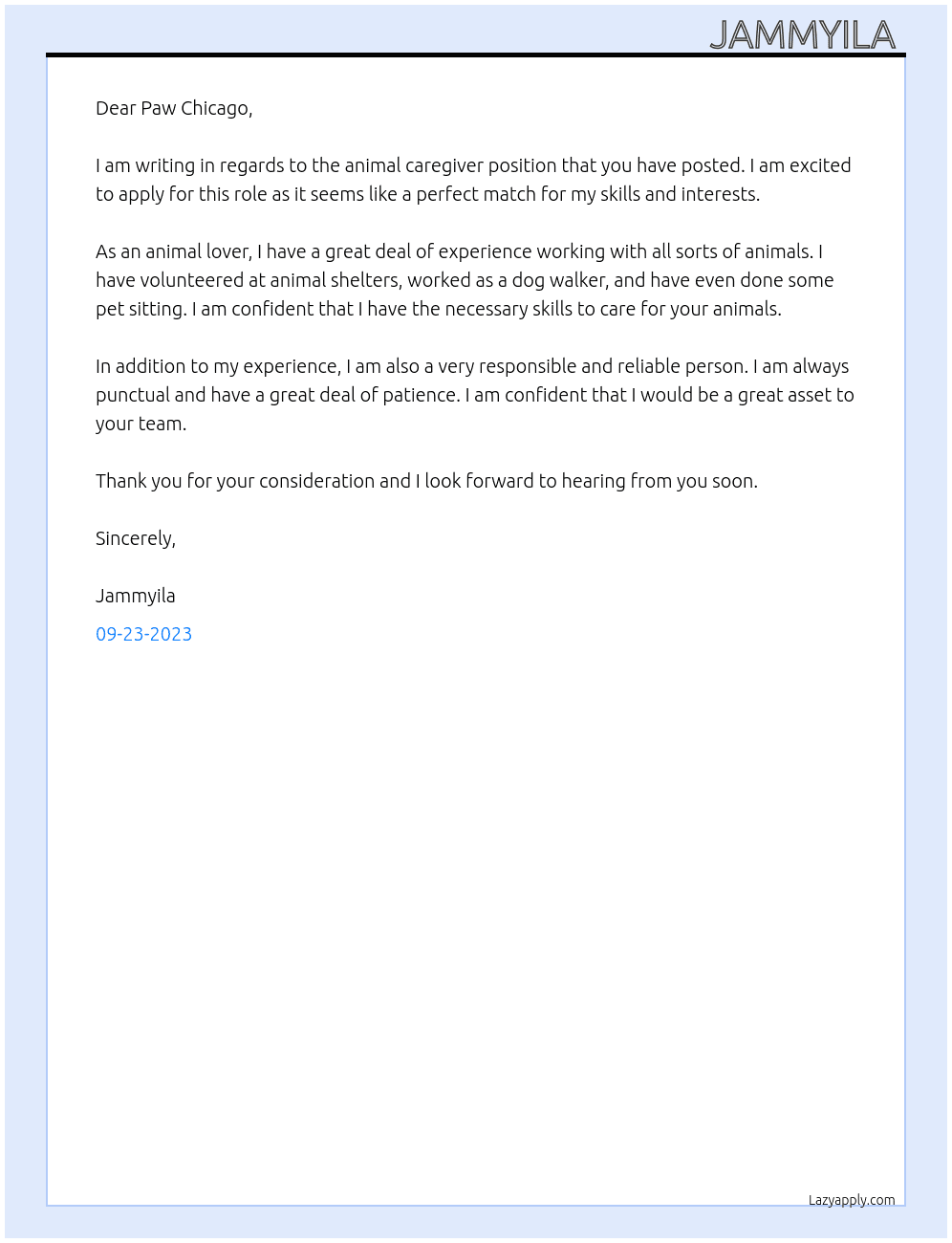 Animal caregiver At Paw chicago Cover Letter