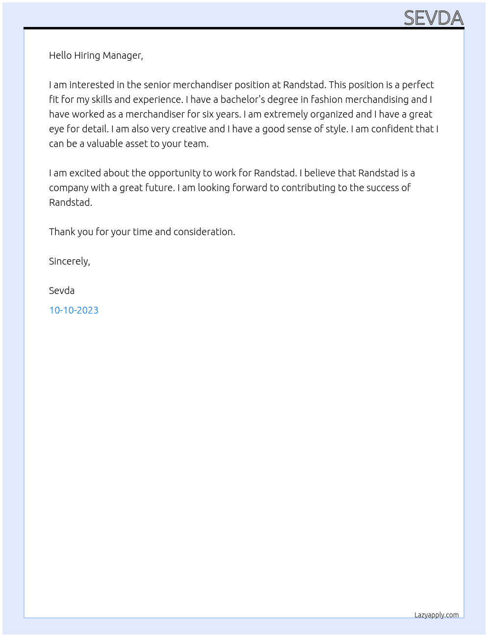 senior merchandiser At Randstad Cover Letter