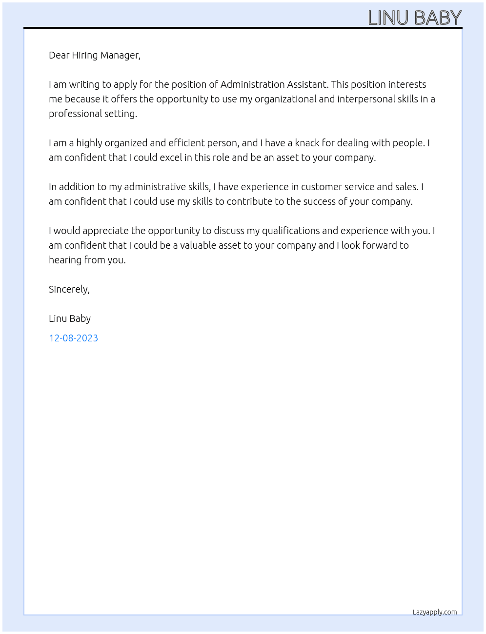 Administration Assistant At N/A Cover Letter