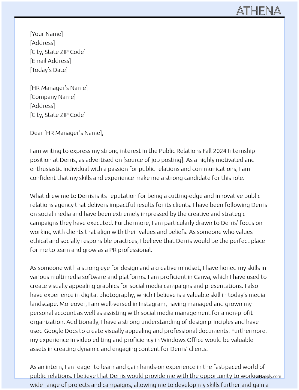 Public Relations Fall 2024 Internship At Derris Cover Letter