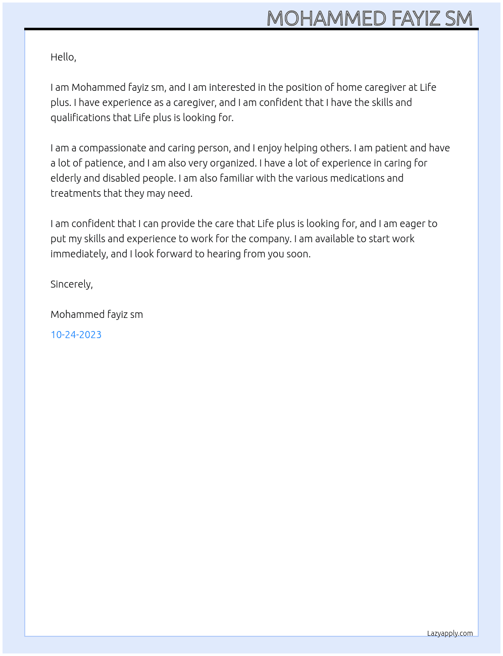 Home caregiver  At Life plus  Cover Letter