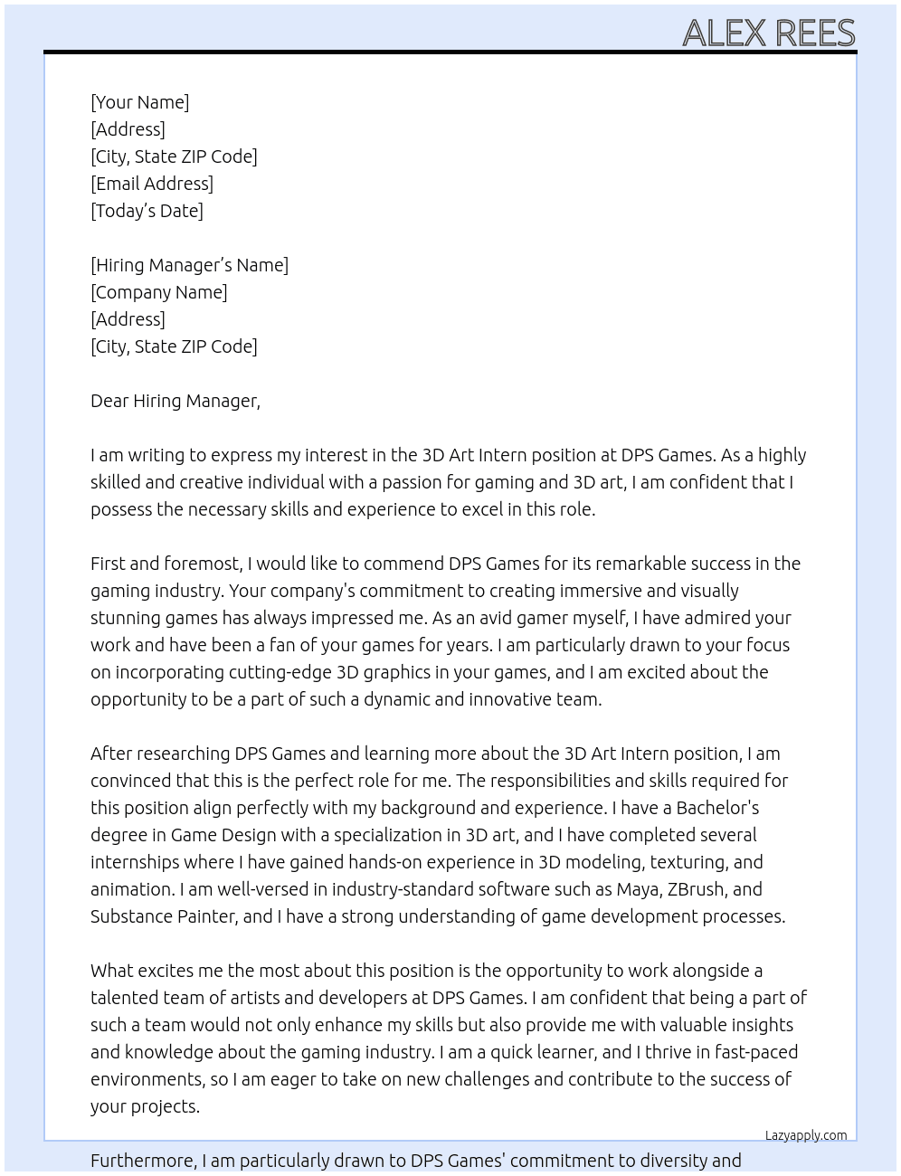 Cover letter for 3d art intern - LazyApply