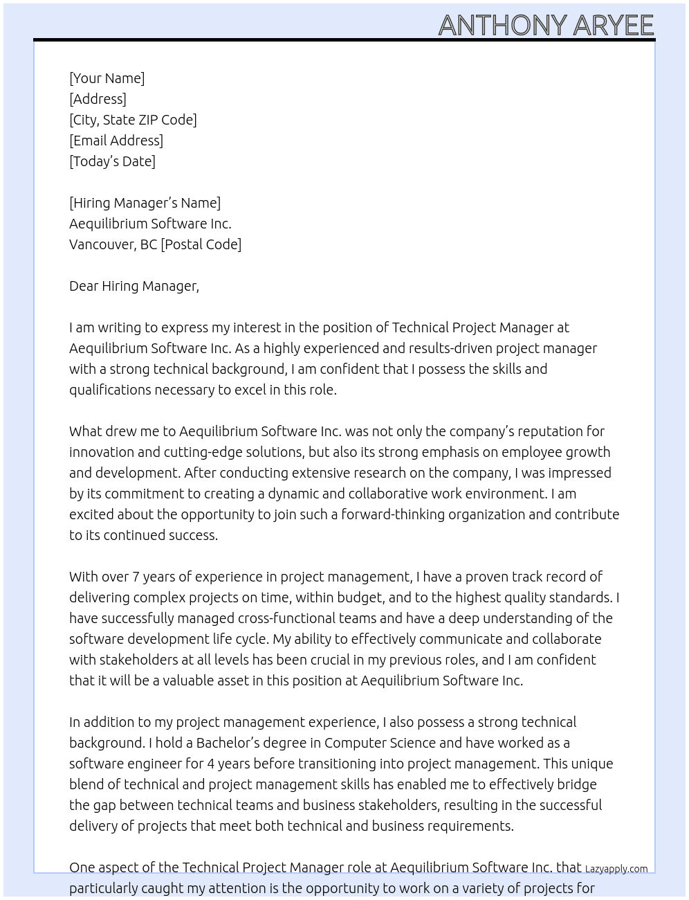Technical Projec Manager At Aequilibrium Software Inc. - Vancouver+BC Cover Letter