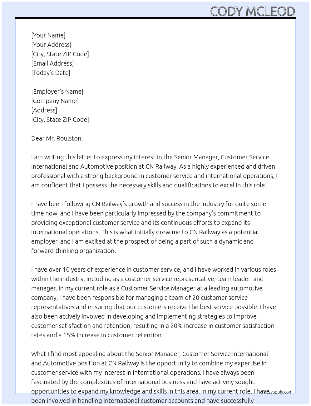 Senior Manager, Customer Service International and Automotive At CN Railway Cover Letter