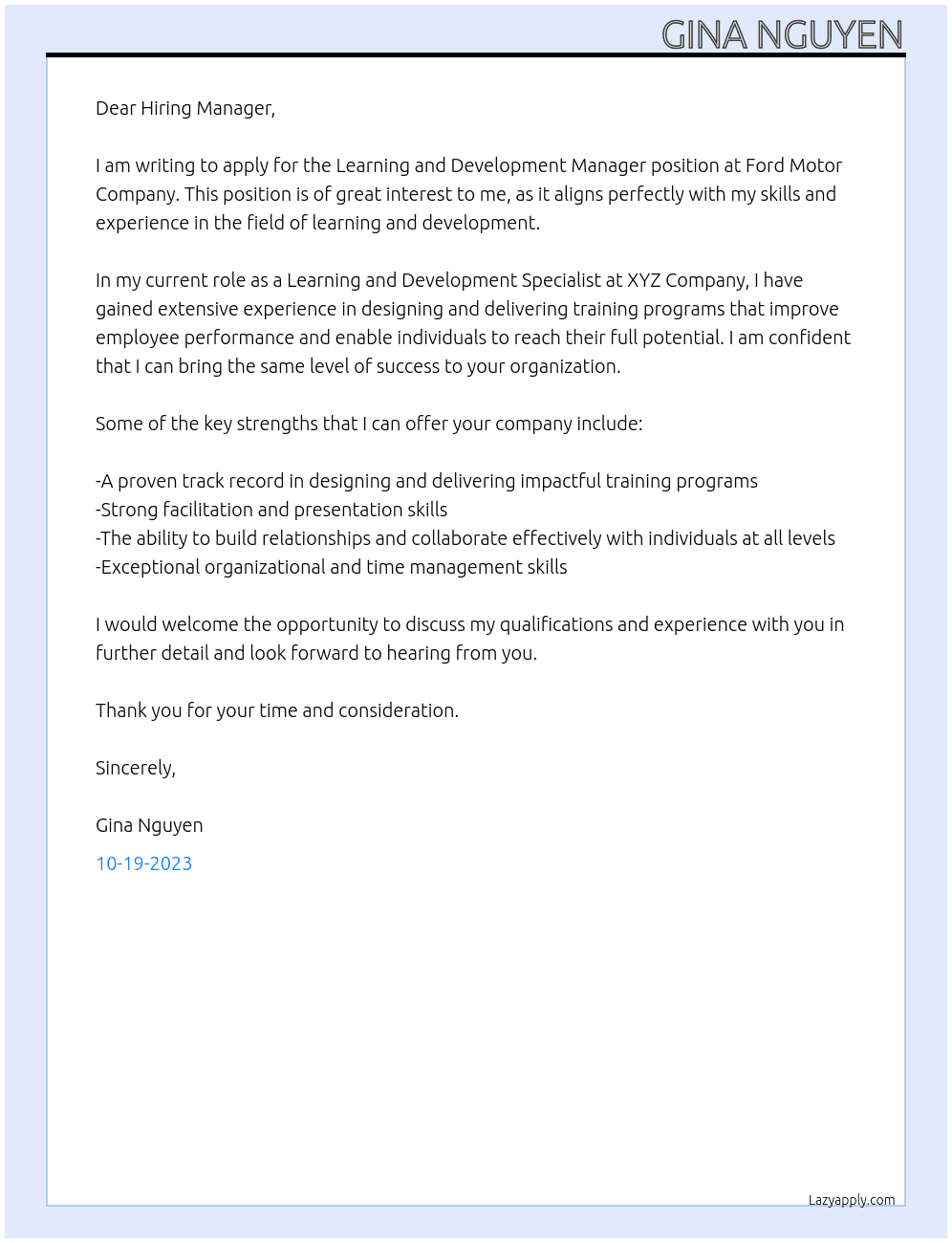 Learning and Development Manager At Ford Motor Company Cover Letter