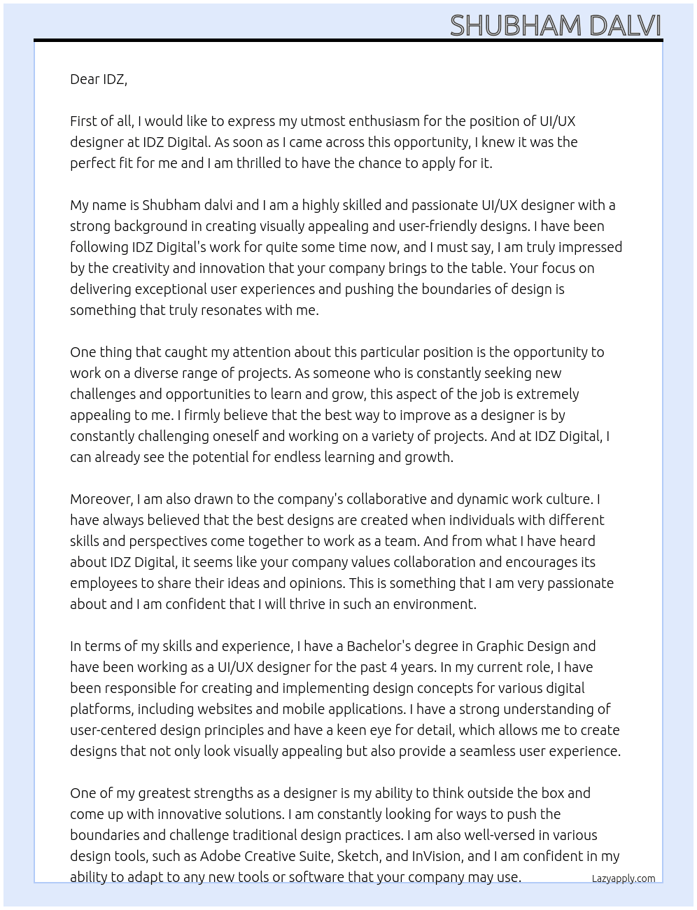 UI/UX designer At IDZ Digital Cover Letter