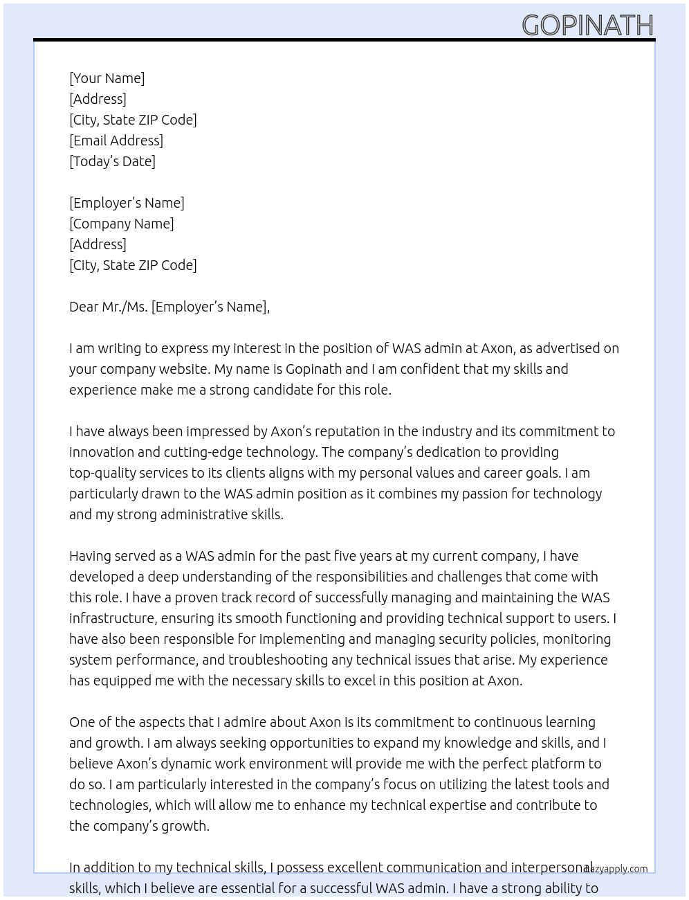 WAS admin At Axon Cover Letter