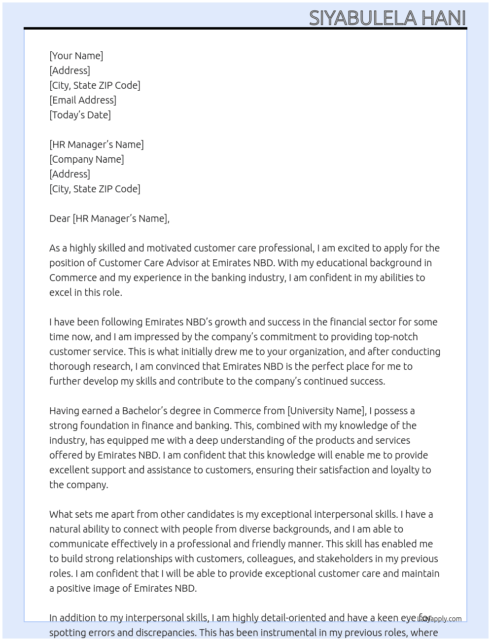 Customer Care Advisor At Emirates NBD Cover Letter