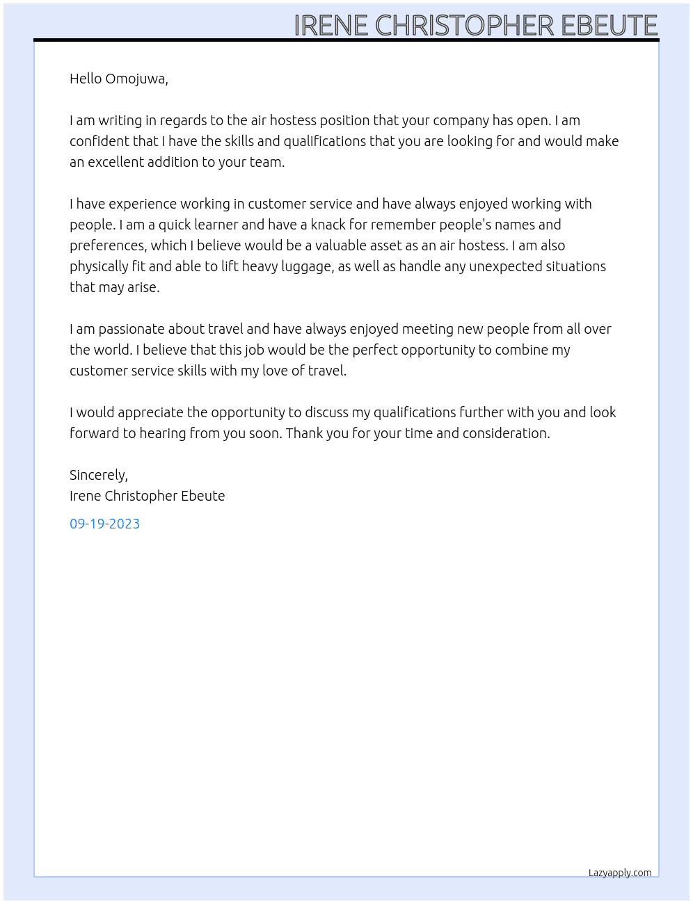Air Hostess  At your Company Cover Letter