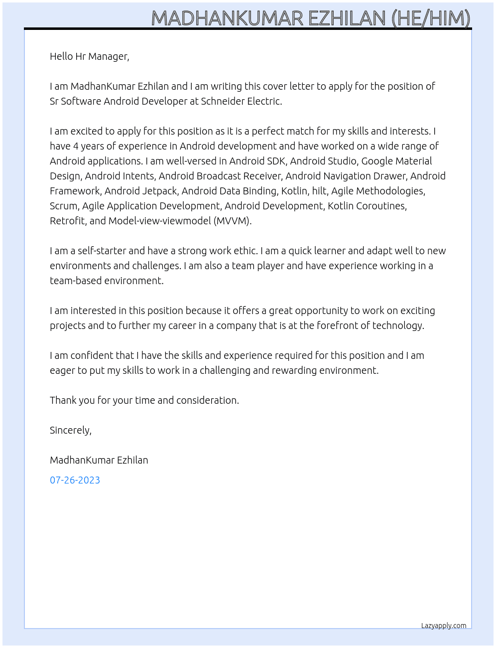 Sr Software Android Developer At Schneider Electric Cover Letter