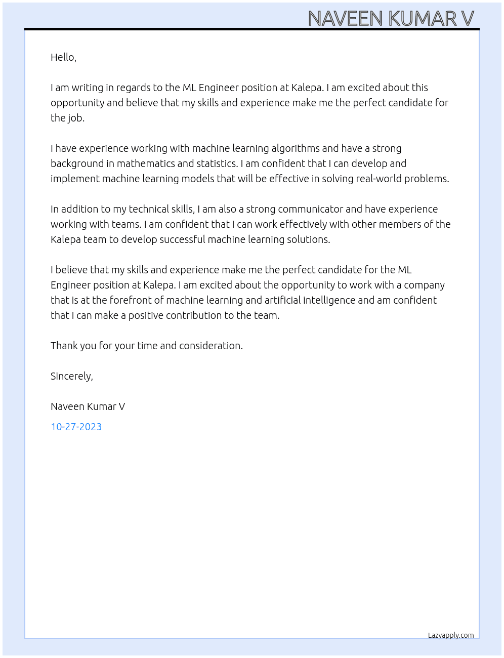 ML Engineer At Kalepa Cover Letter