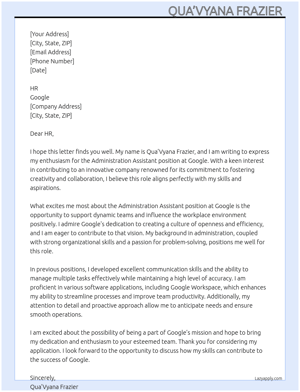 Administration assistant  At Google Cover Letter