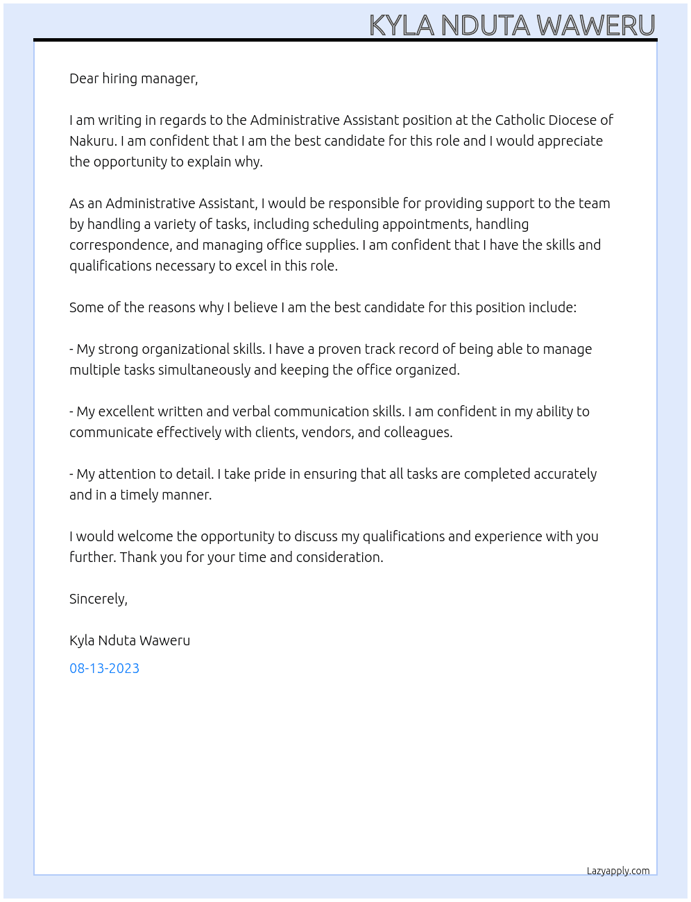 Administrative Assistant At CATHOLIC DIOCESE OF NAKURU Cover Letter