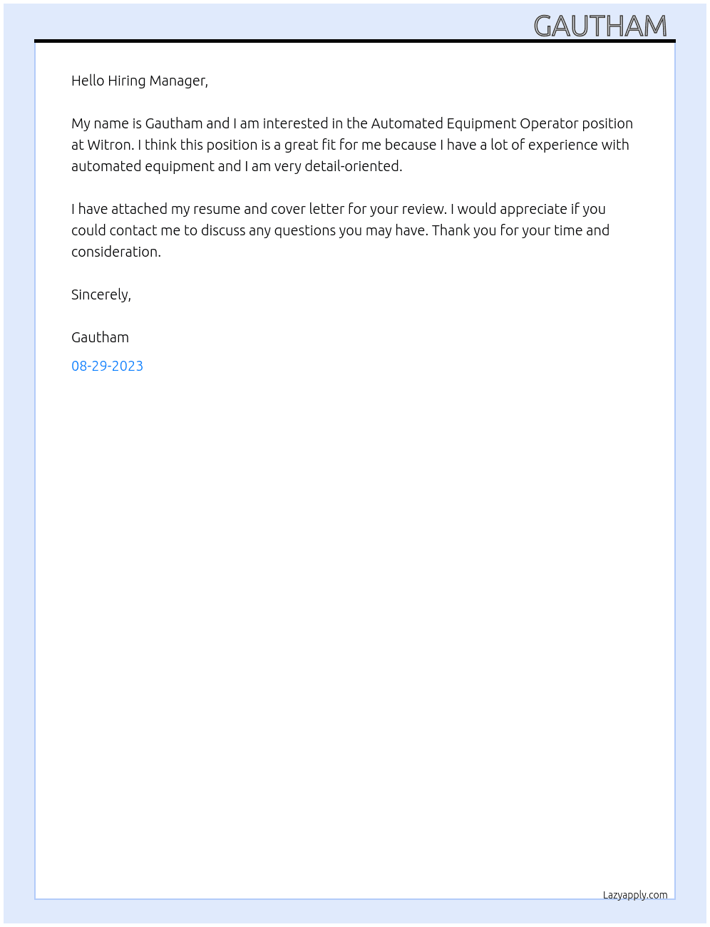 Automated Equipment Operator At Witron Cover Letter