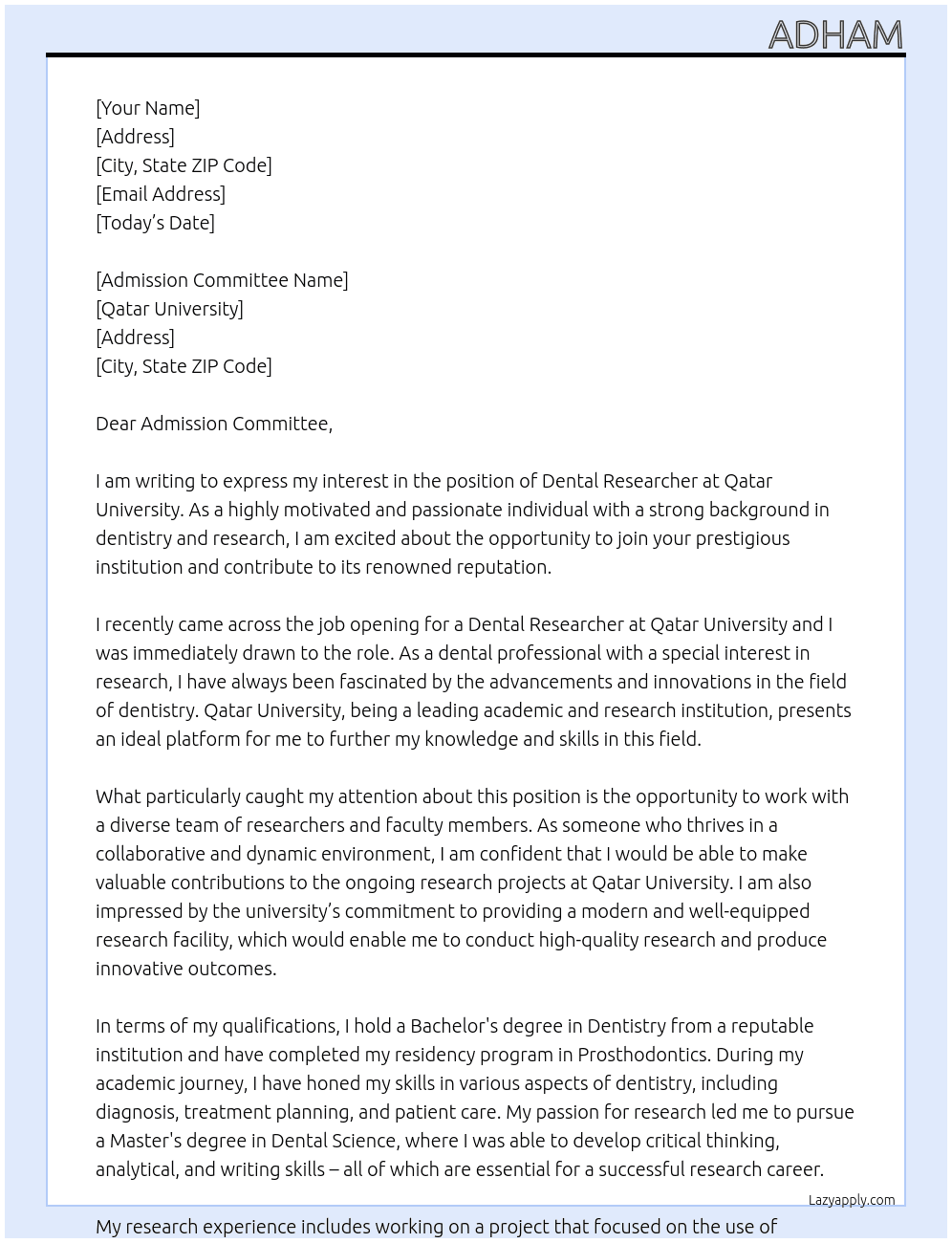 Dental researcher At Qatar university Cover Letter