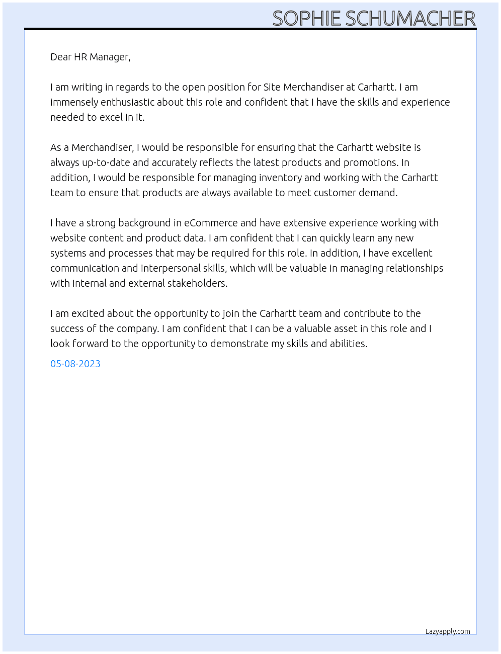 Site Merchandiser At Carhartt Cover Letter