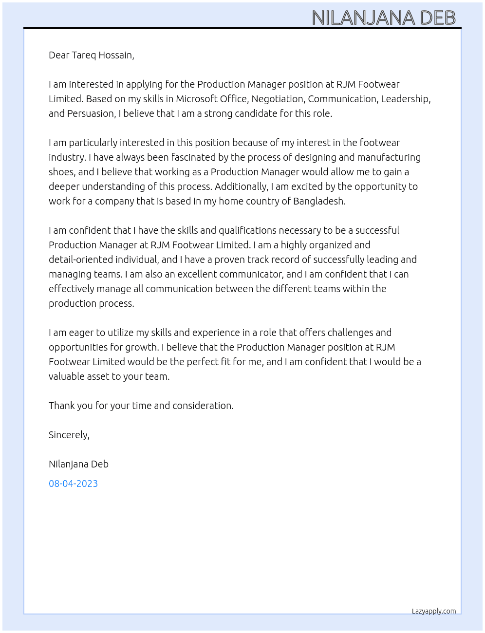 Production Manager  At RJM Footwear Limited  Cover Letter