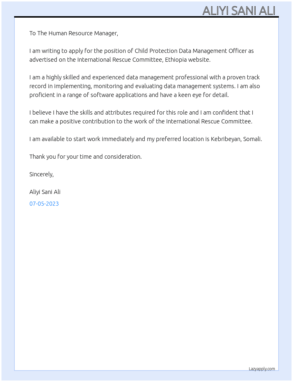 Child Protection Data Management Officer  At International Rescue Committee, Ethiopia  Cover Letter