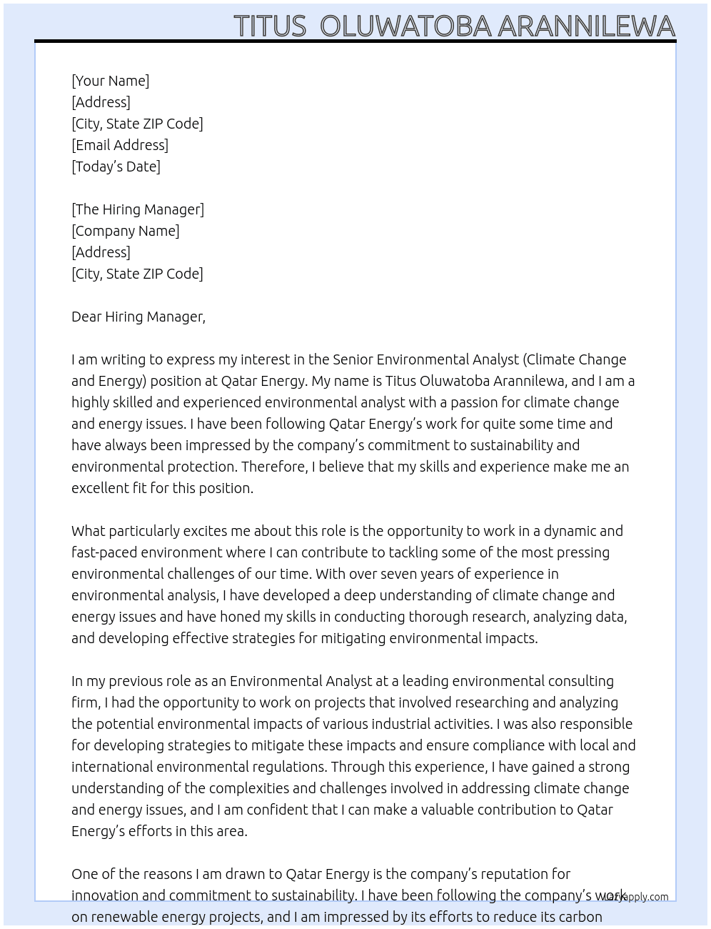 Senior Environmental Analyst( climate Change and Energy) At Qatar Energy Cover Letter