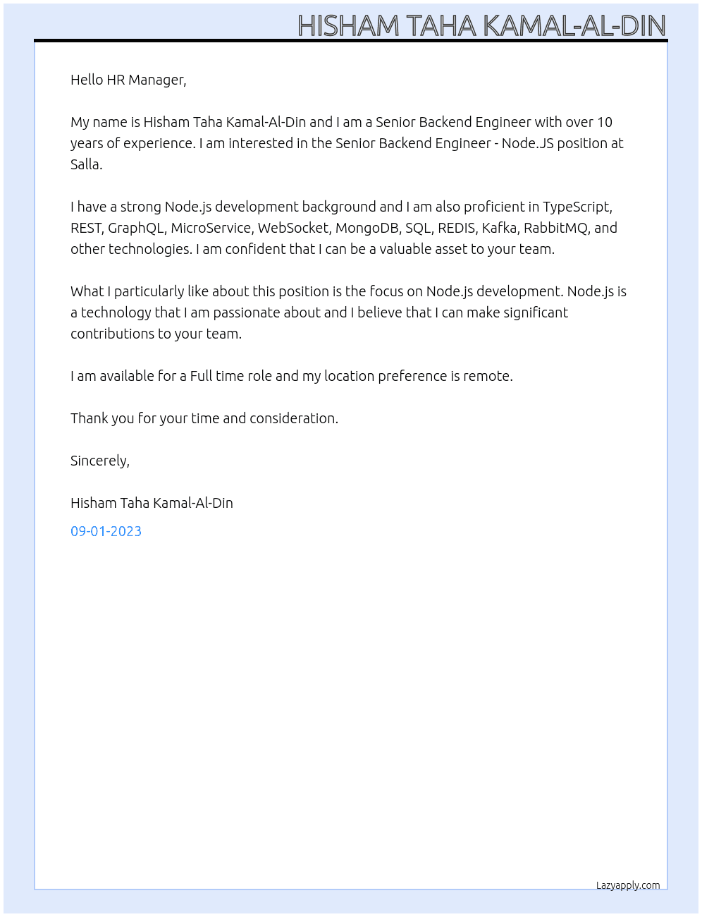 Senior Backend Engineer - Node.JS At Salla Cover Letter