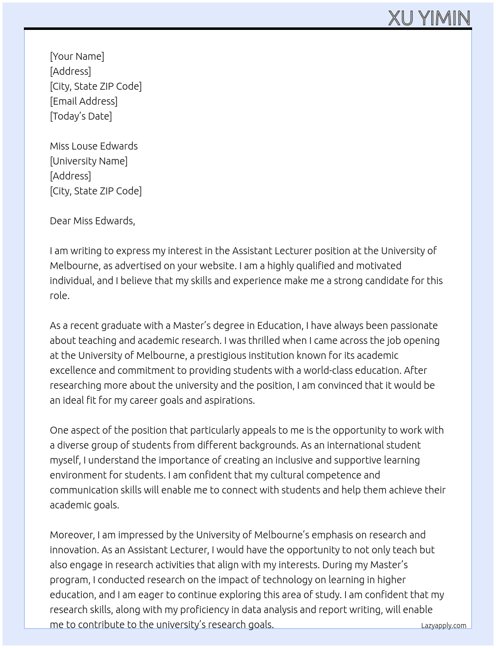 Assistant Lectuter  At University of Melaboure  Cover Letter