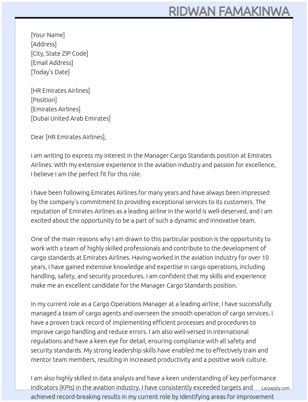 Manager cargo standards  At Emirates airlines, Dubai United Arab Emirates  Cover Letter