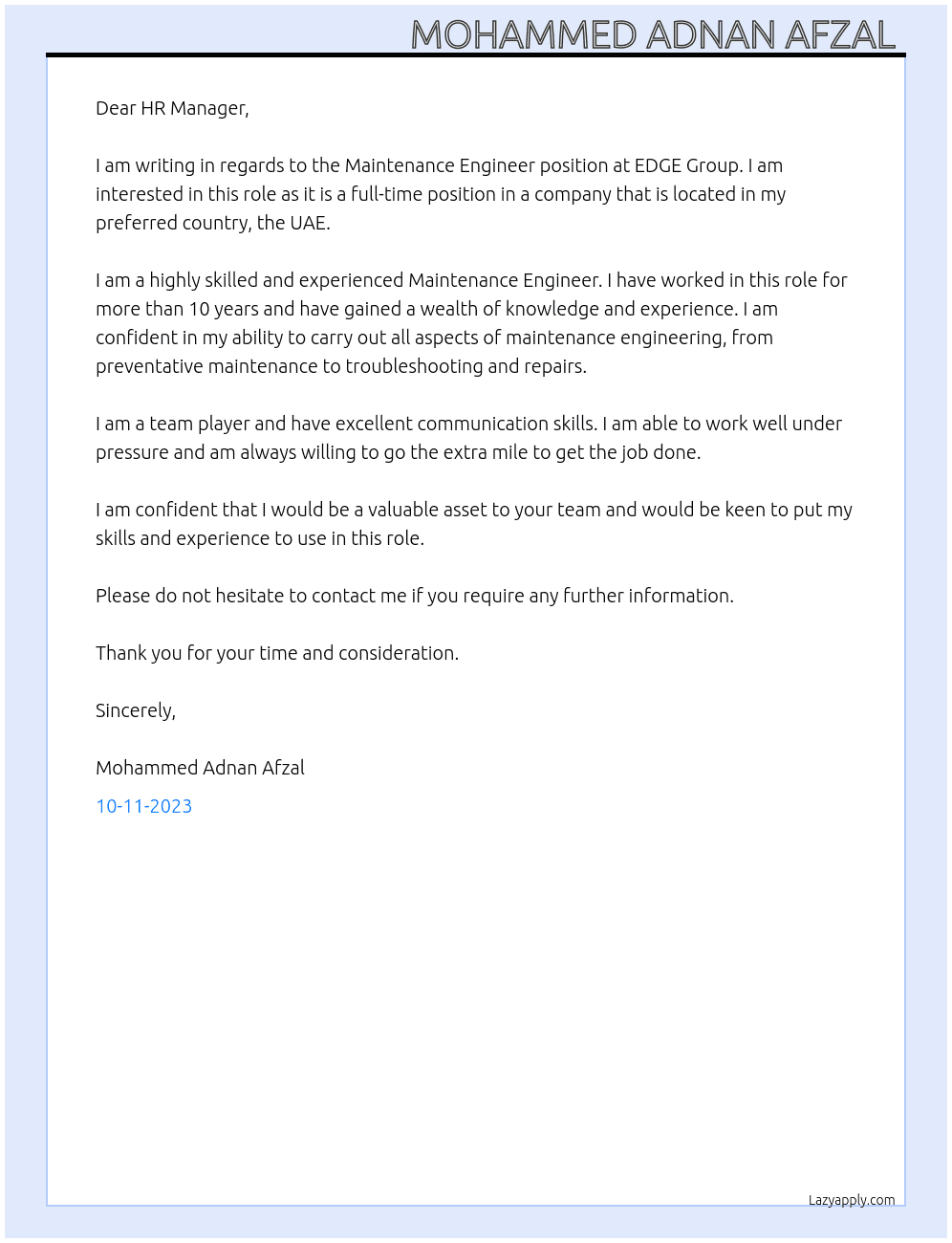 Maintenance Engineer  At EDGE Group Cover Letter