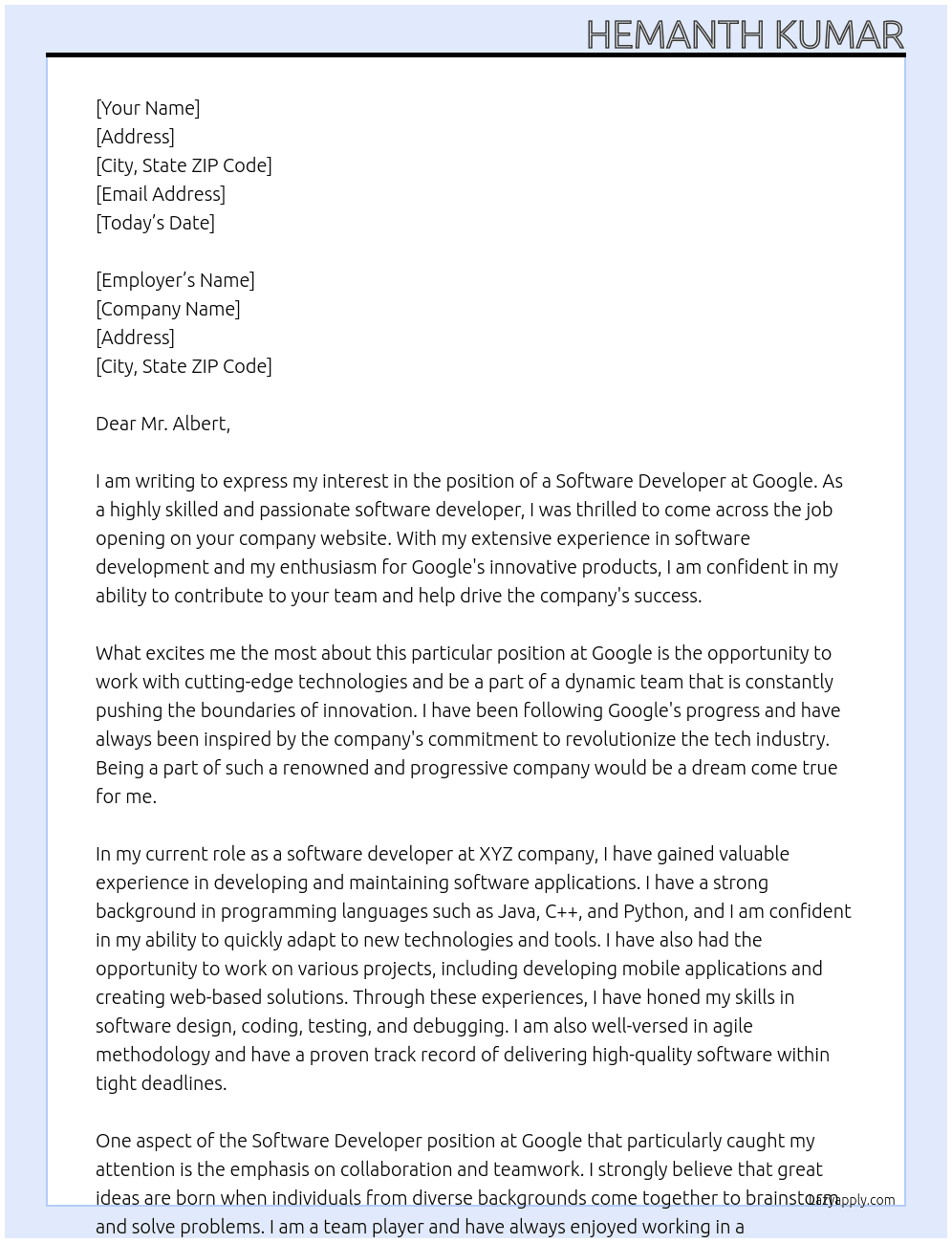 software developer At googlr Cover Letter