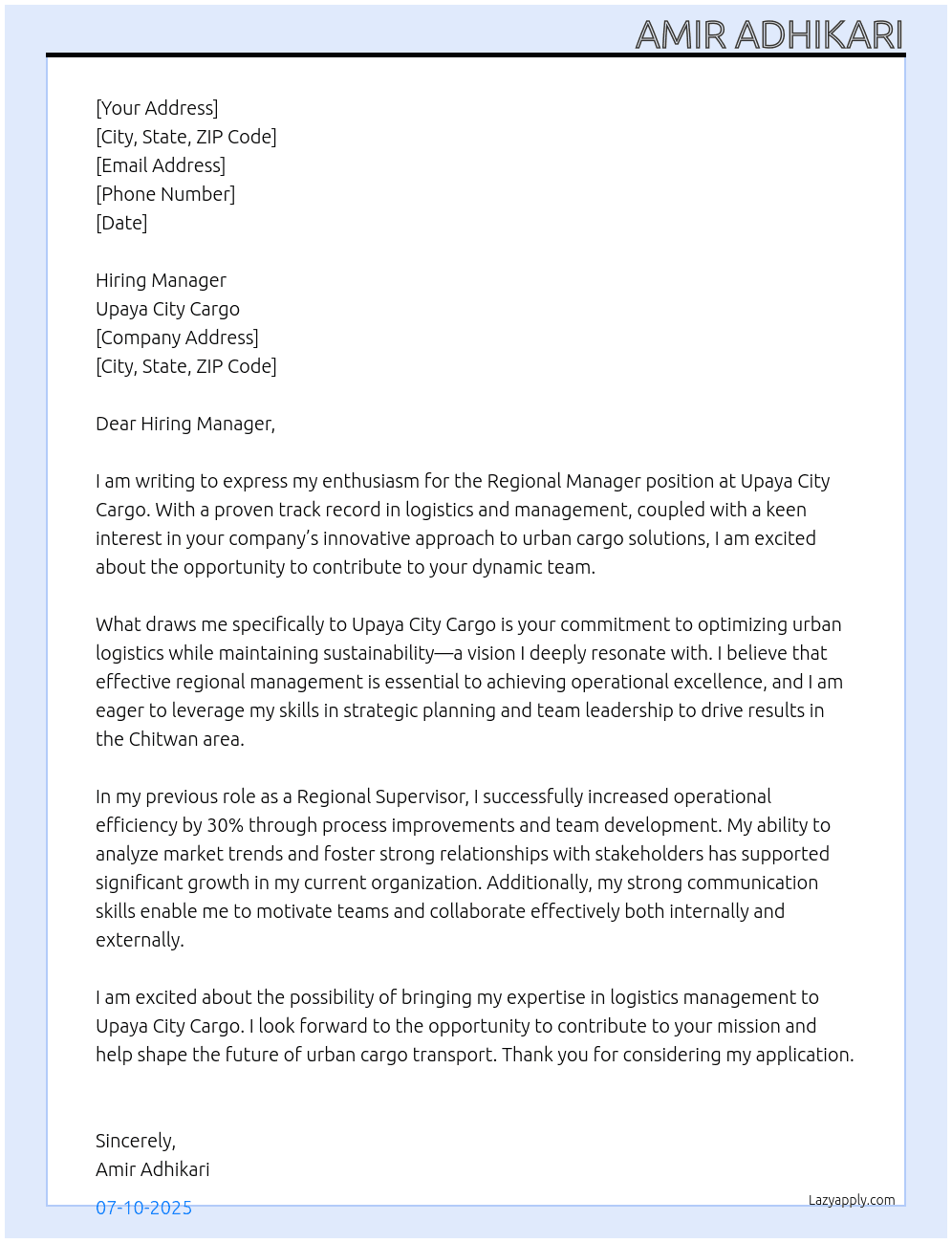 Regional manager  At Upaya city cargo Cover Letter