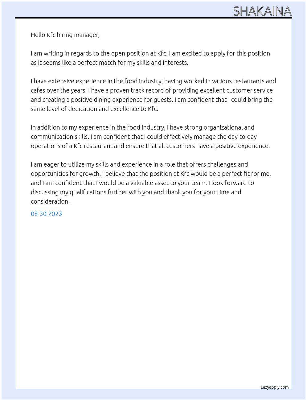 Kfc At Kfc Cover Letter