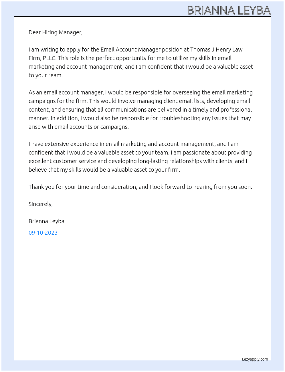 Email Account Manager At Thomas J Henry Law Firm, PLLC Cover Letter