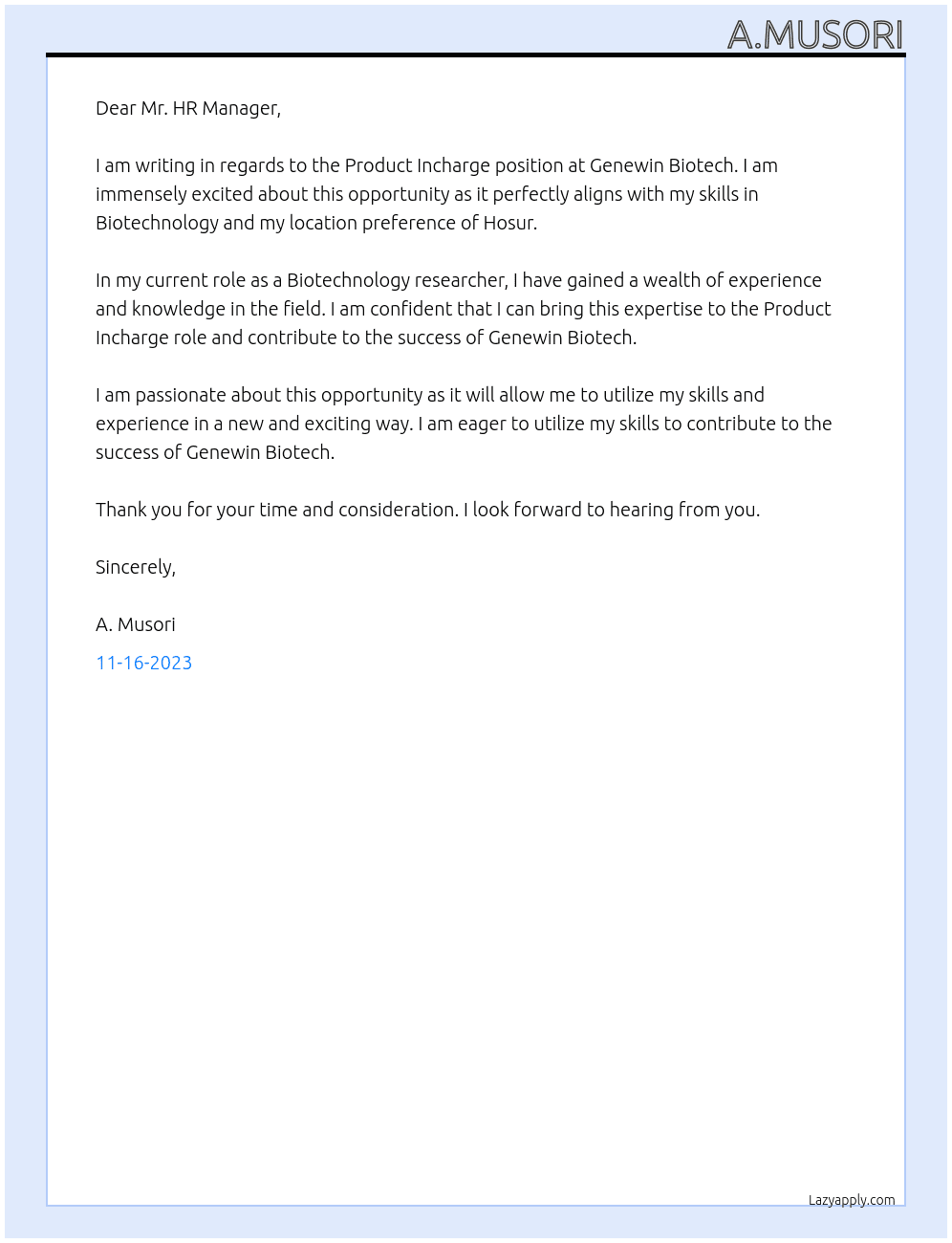 Product incharge  At Genewin Biotech Cover Letter