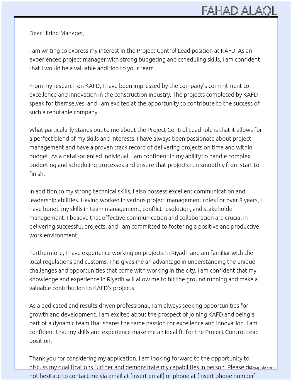 Project Control Lead At KAFD Cover Letter
