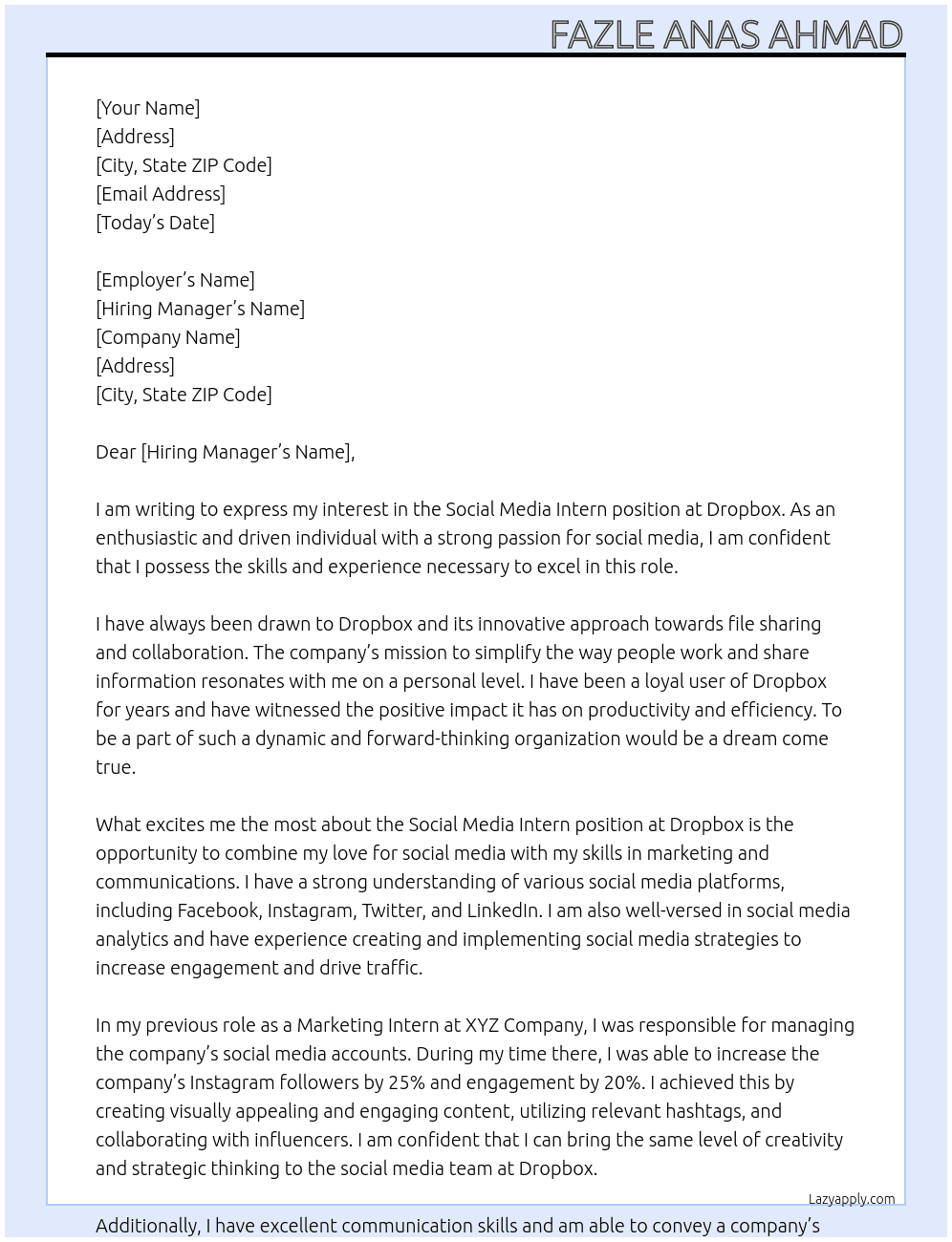 social media intern At dropbox Cover Letter