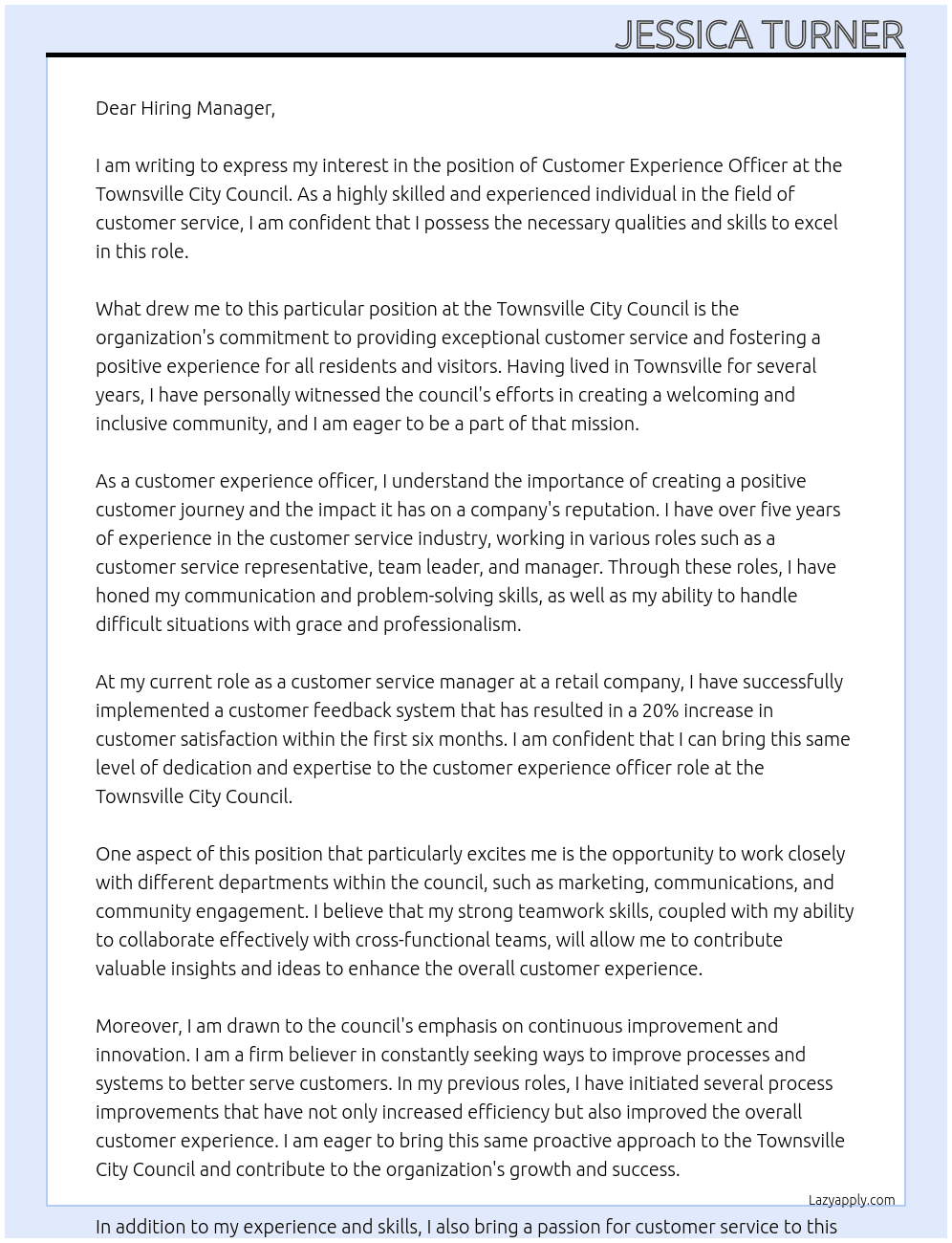Customer Experience Officer At Townsville City Council  Cover Letter