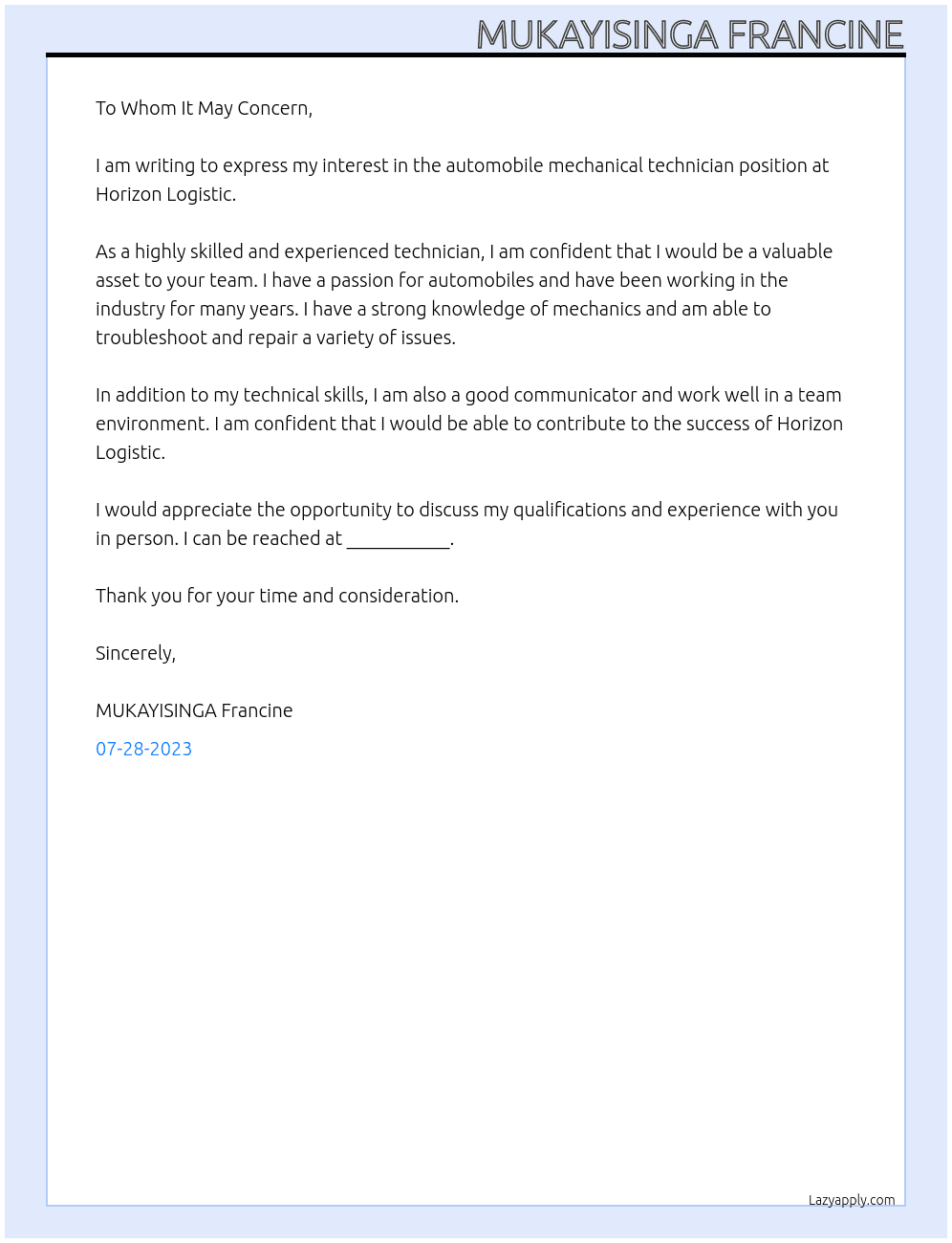 automobile mechanical technician At HORIZON LOGISTIC Cover Letter