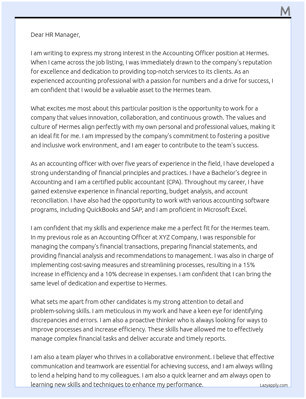Accounting Officer At Hermes Cover Letter