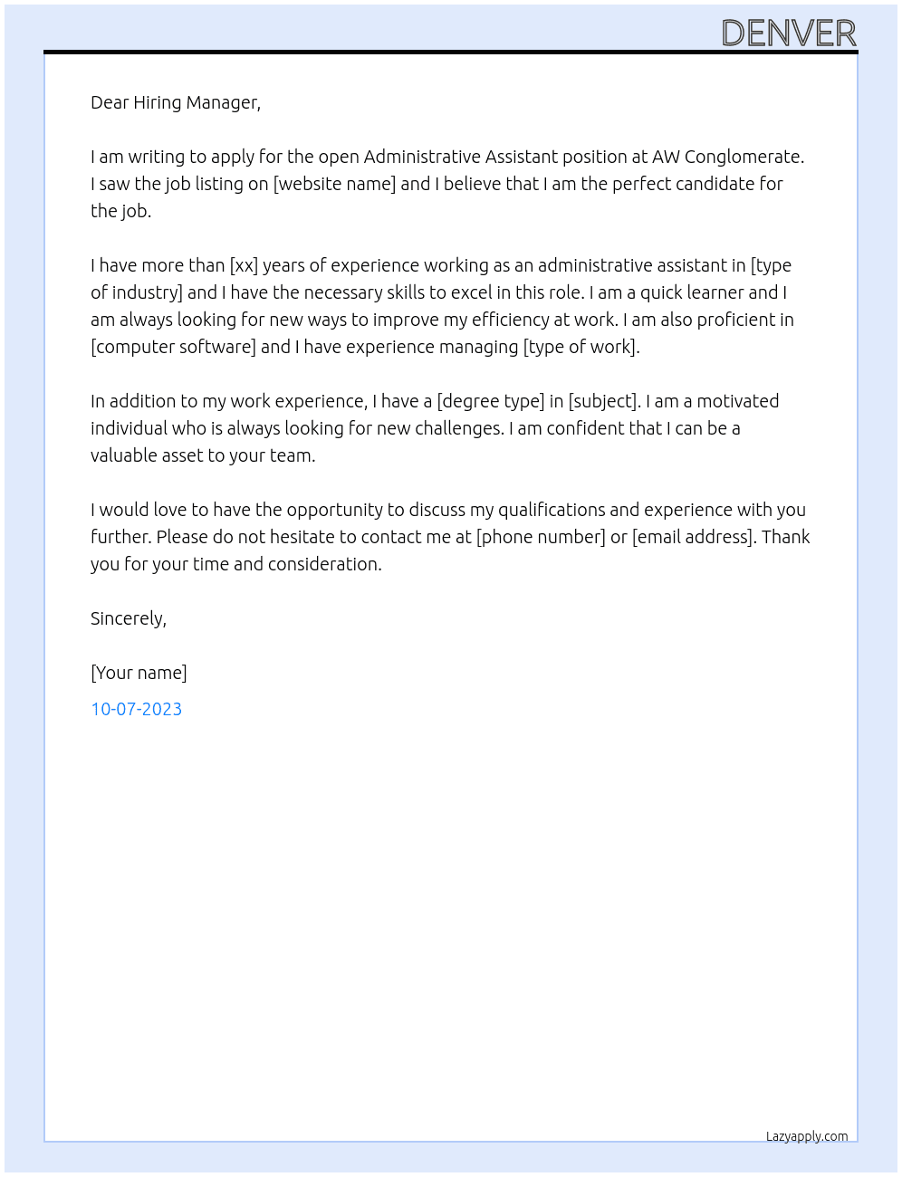 Administrative Assistant At AW Conglomerate Cover Letter