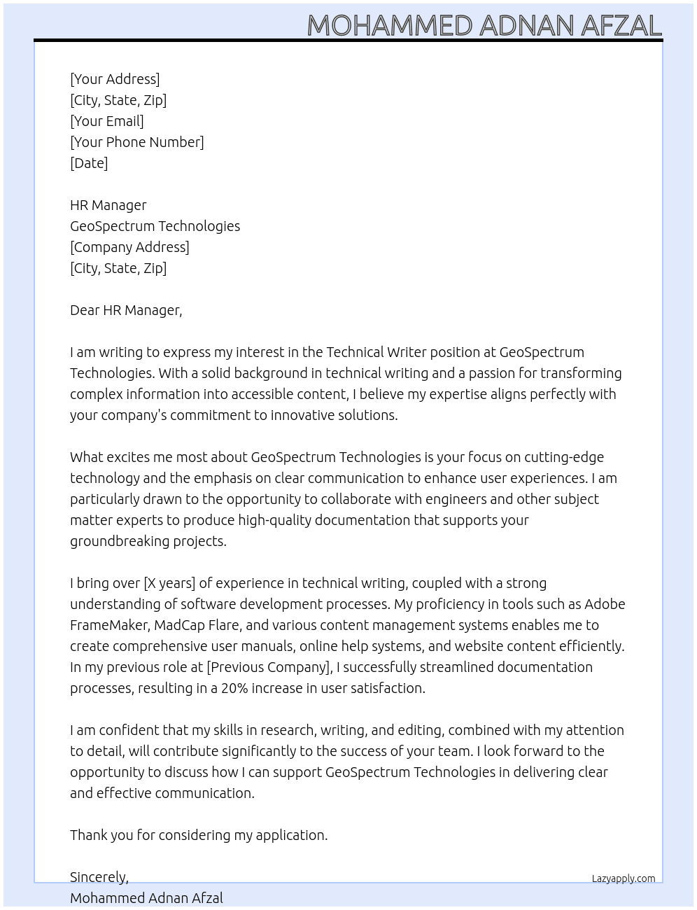 technical writer At  GeoSpectrum Technologies Cover Letter