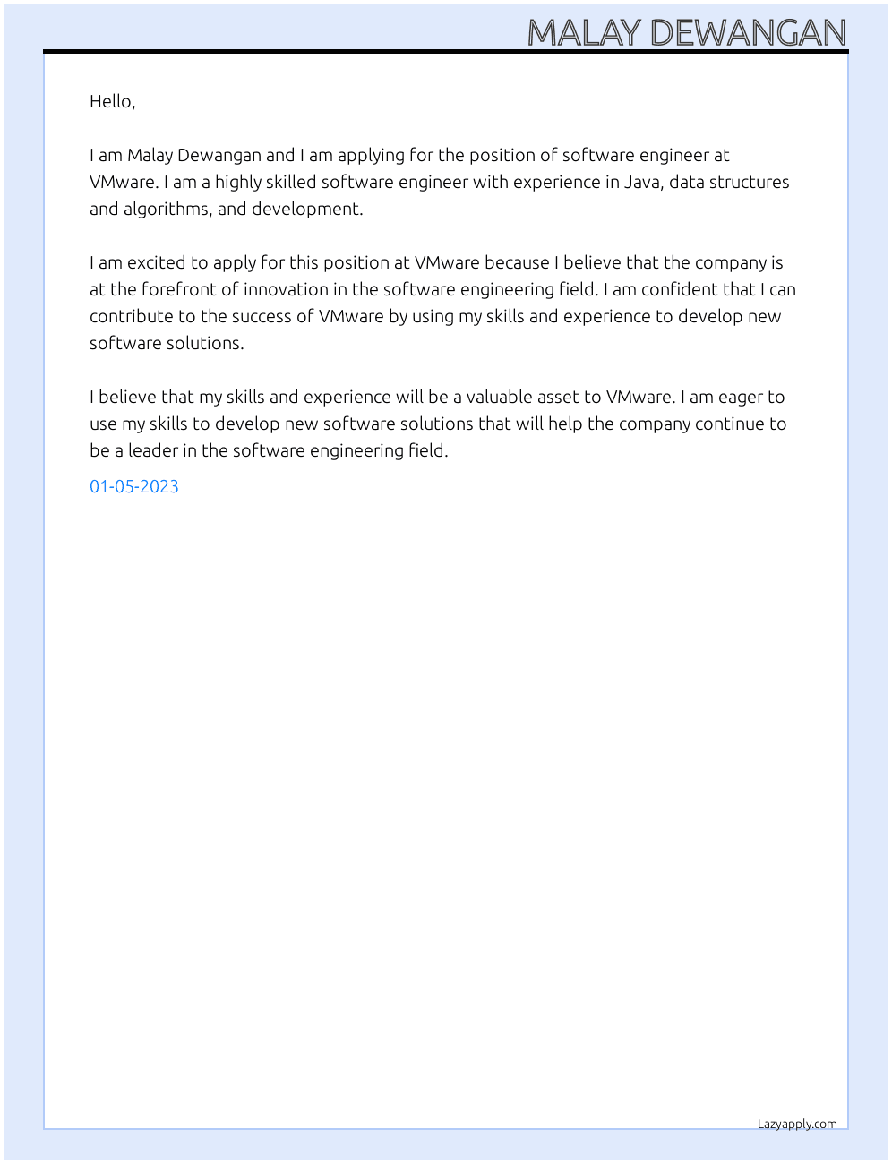 Software engineer At vmware Cover Letter