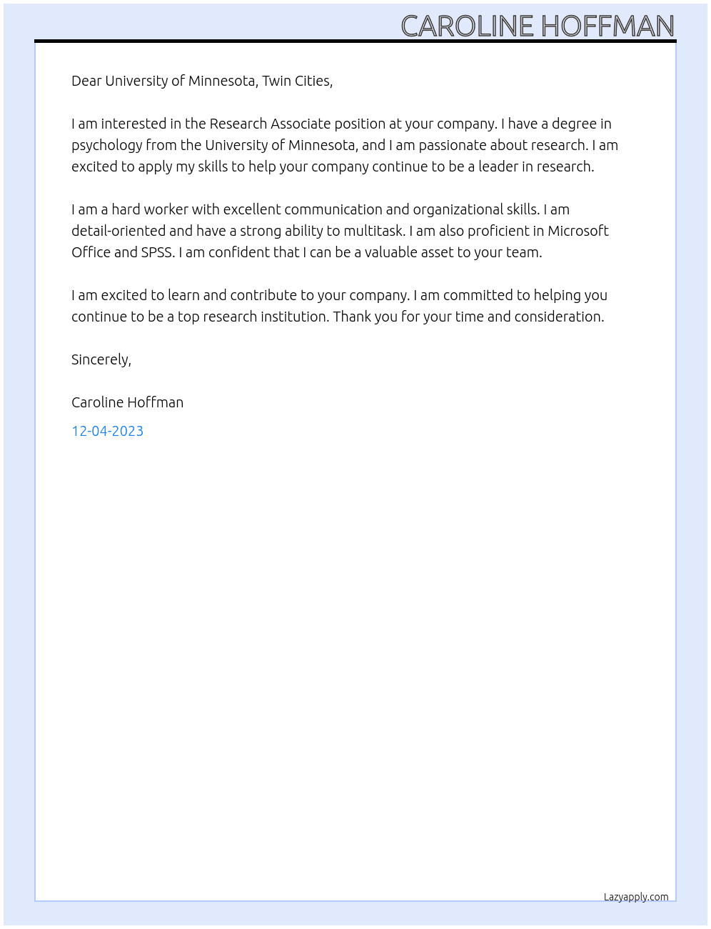 Research Associate At University of Minnesota Cover Letter