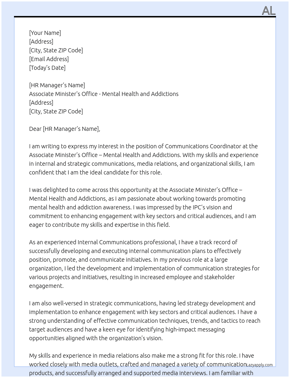 Communications Coodinator At Associate Minister's Office - Mental Health and Addictions Cover Letter