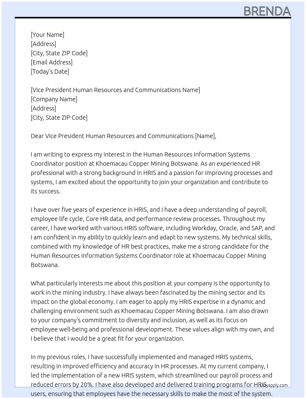Human Resources Information Systems Coordinator At khoemacau copper mining botswana Cover Letter