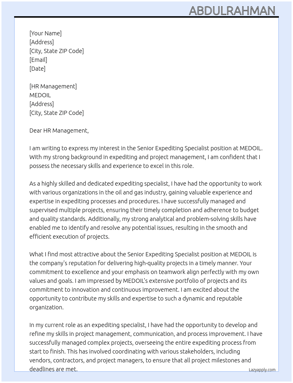Senior Expediting Specialist At MEDOIL Cover Letter