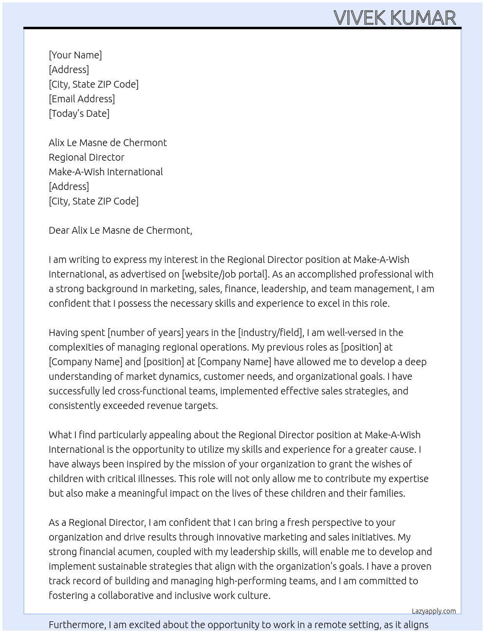 Regional Director  At Make - A -Wish International  Cover Letter