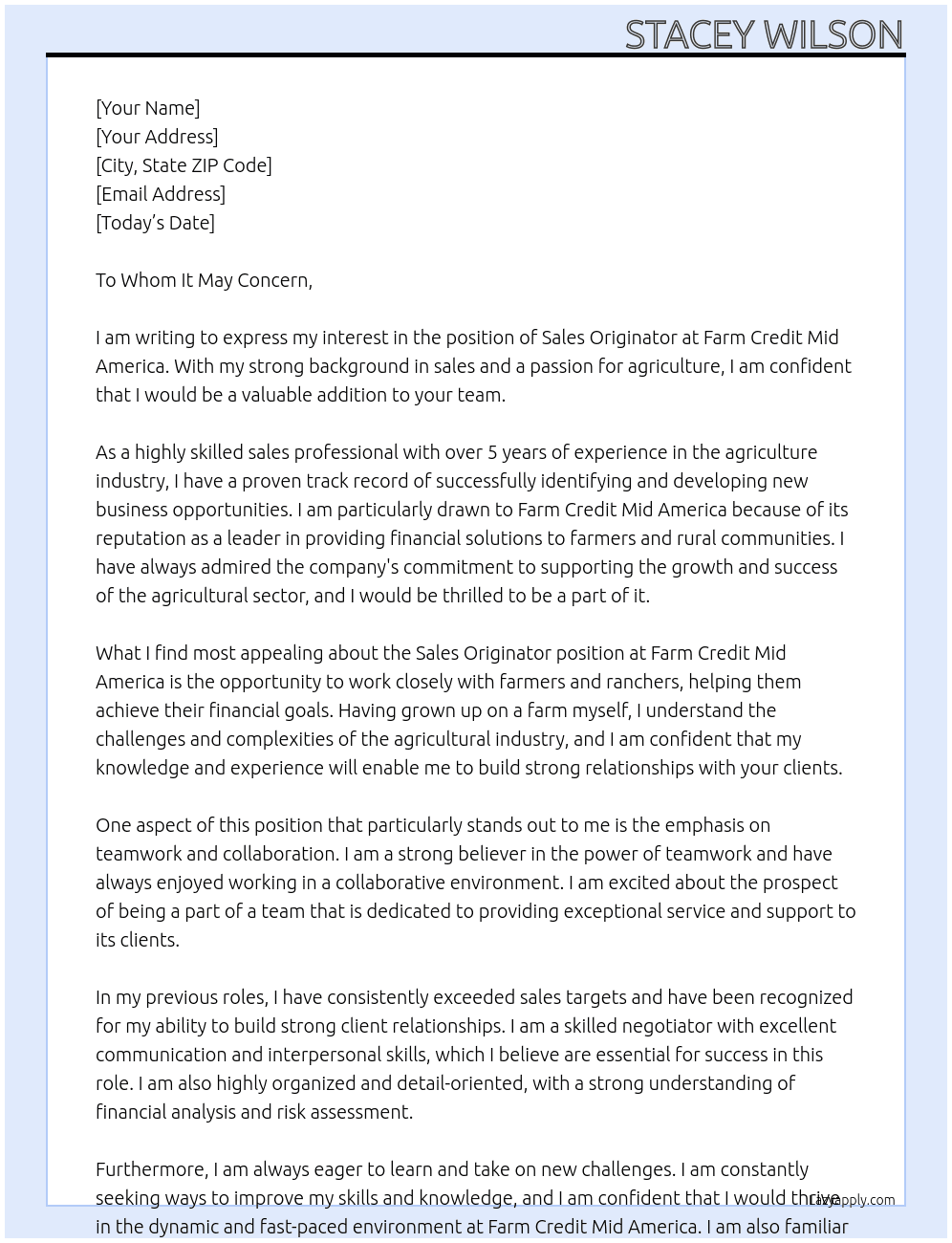 Sales Originator At Farm Credit Mid America Cover Letter
